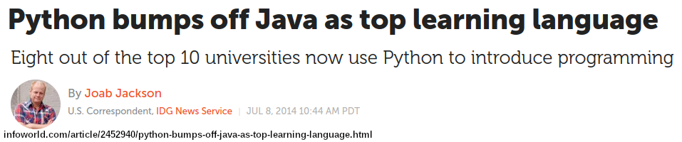 Headline: Python bumps off Java as top learning language (infoworld.com)